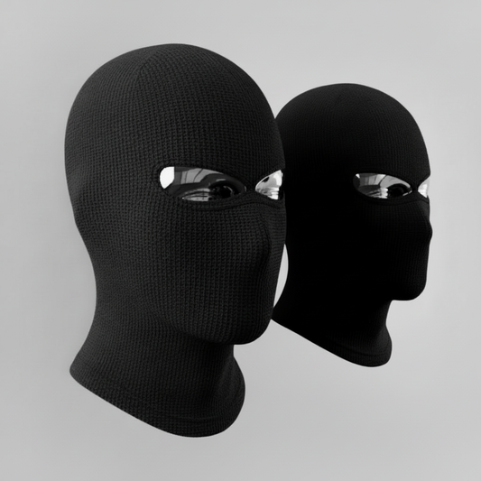 Two realistic black balaclavas heads only - square